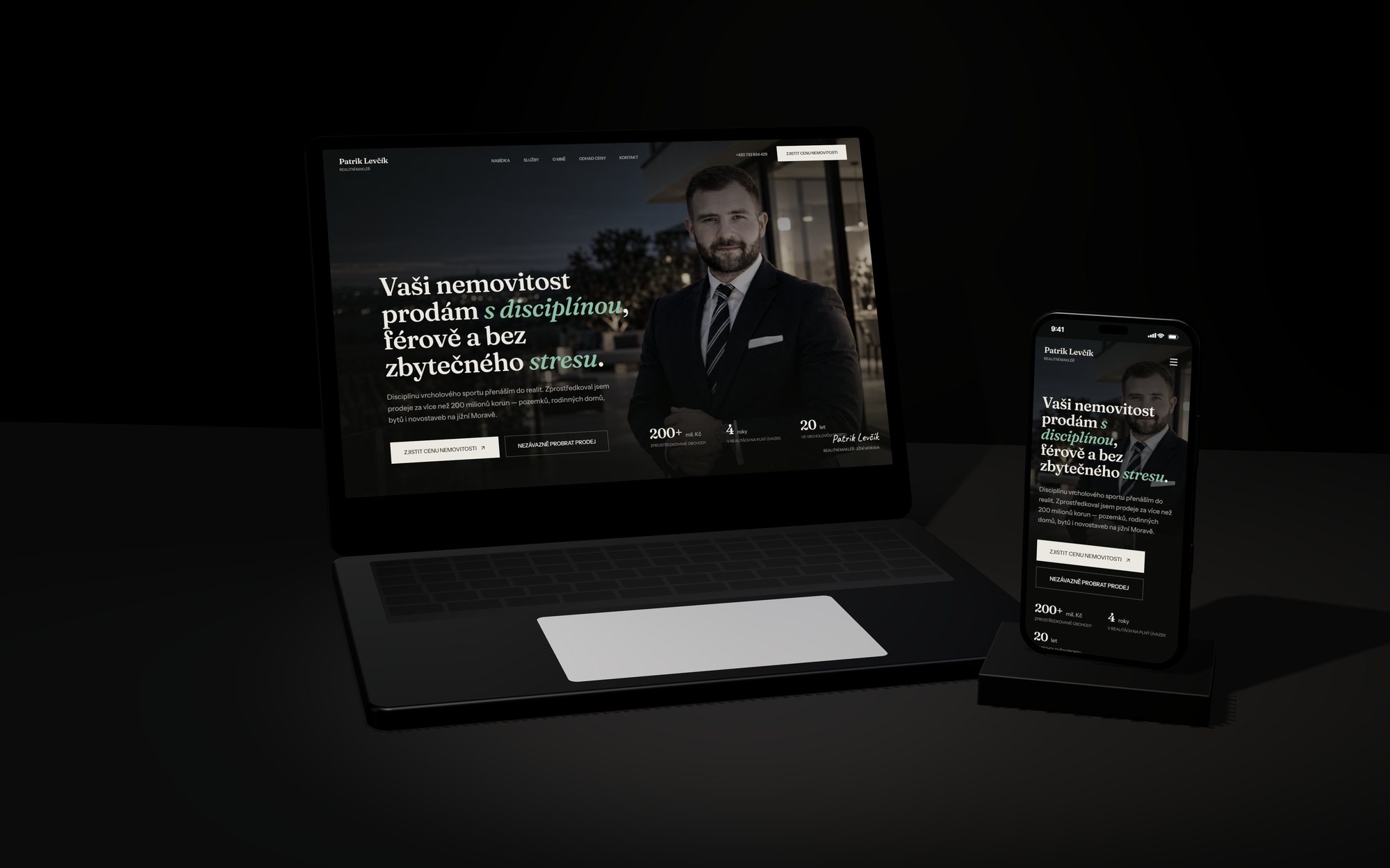 Web Patrika Levčíka na notebooku a telefonu