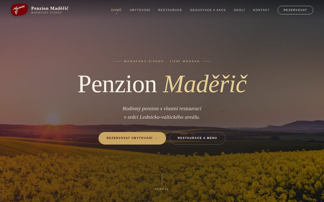 Web penzionu Maděřič — úvodní stránka