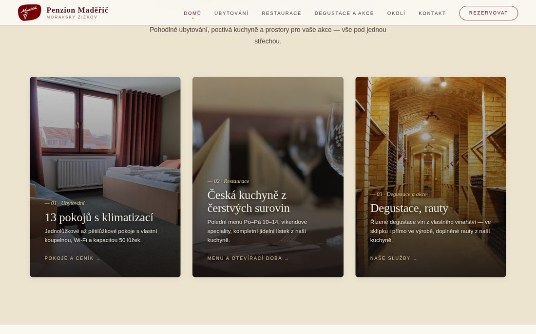 Web penzionu Maděřič — sekce o penzionu